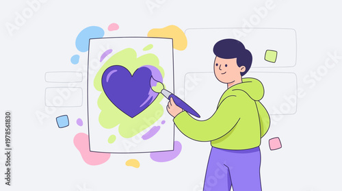 Man passionately paints a vivid purple heart on canvas, capturing his joy and creativity. Perfect for art lovers and valentines day designs.