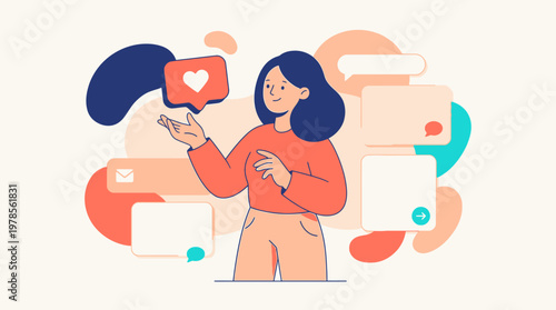 Woman surrounded by social media icons with speech bubbles and hearts. Suitable for social media marketing concepts and campaigns.