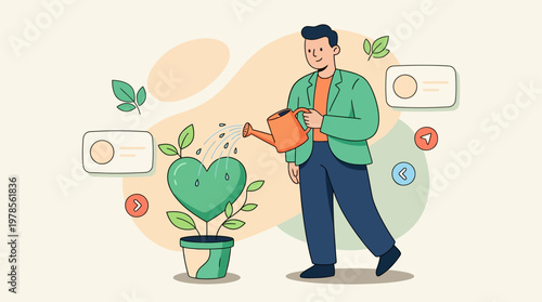 Man waters heart plant, social media icons nearby. Ideal for social media marketing, promotions, ads, valentines day campaigns. Unique visuals.