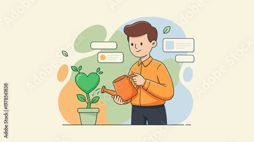Man tending to heartshaped plant with speech bubbles, great for love and communication themes in marketing or social media.