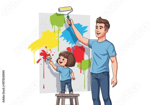 Father and child painting together art.
