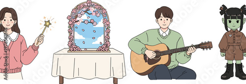 Fantasy Magic Mirror Cartoon Vector Illustration with Girl Fairy Wand Musician Playing Guitar and Frankenstein Character for Creative Storytelling and Kids Design Projects