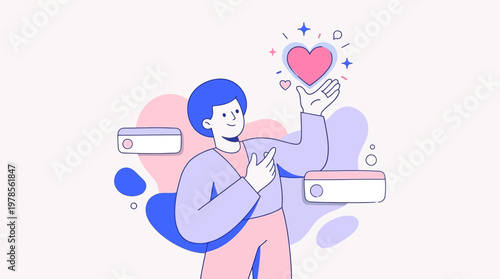 Flat illustration of a person reaching for a sparkling pink heart symbol. Ideal for valentines day, lovethemed designs, or romantic concepts.