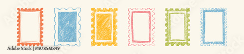 Set of hand drawn coloful childish crayon doodle postage stamp frames. Summer pencil sketch border. Kid photo, painting, picture frame. Postcard vintage design element, funky text box, scribble letter