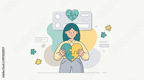 Woman holds heart puzzle on abstract background, perfect for love, relationships, emotions, valentines day concepts in design projects.