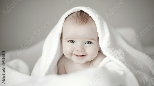 Smiling Baby Wrapped in Soft Towel During Bright Indoor Bath Time