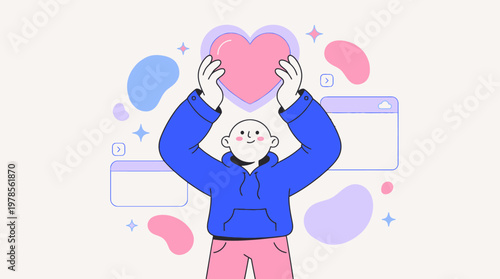Person happy holding large pink heart surrounded by positive online icons. Suitable for social media, love, valentines day concepts.