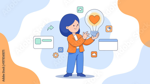 Woman holds a glowing lightbulb with a heart inside, symbolizing innovation, love, creativity. Suitable for concept design projects.