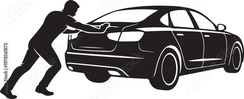 Silhouette of a man pushing a car