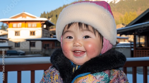 Curious child in traditional dress smiles against mountain village backdrop in winter scenery