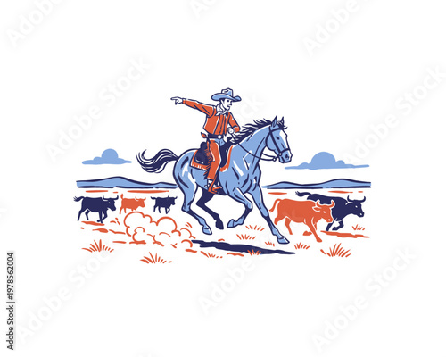 Western Cowboy Herding Cattle Vintage Style Vector Illustration