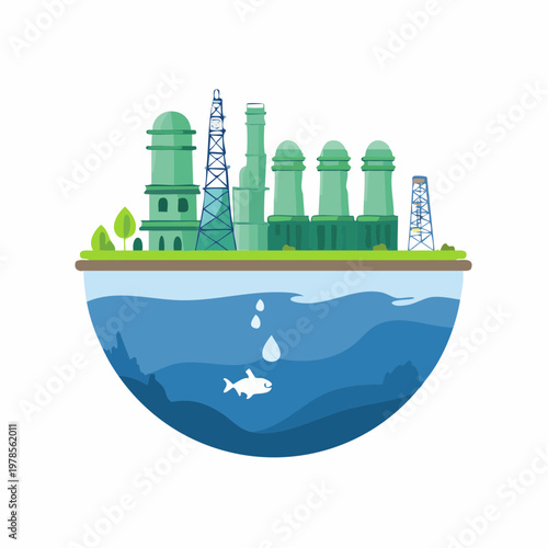 Illustration of an industrial landscape with water pollution and ecological concerns