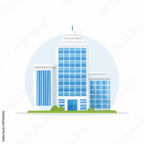 Modern buildings with blue glass windows and a green lawn under a pale blue sky.