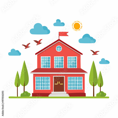 Cartoon illustration of a house with trees, clouds, sun, and birds.