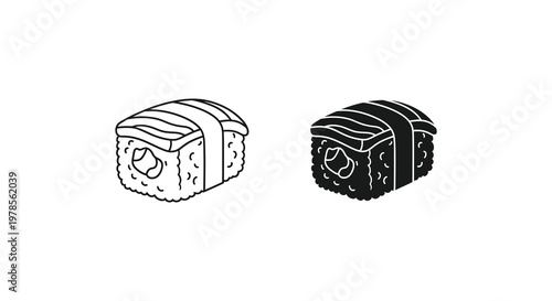 Two pieces of sushi are illustrated in a minimalist black outline silhouette