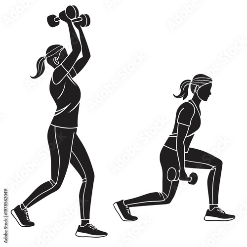 A vector graphic illustration of a woman performing lunges with dumbbells in a fitness routine