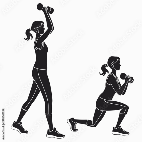 A fit woman exercising with dumbbells in a modern gym setting with a silhouette design