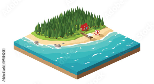 Charming isometric island getaway featuring a red wooden cabin and a sun-drenched beach with a striped umbrella and lounge chairs near the pine forest.