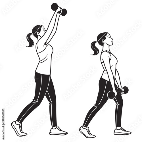 A fit woman performing a dumbbell exercise in a modern gym setting with a minimalist design