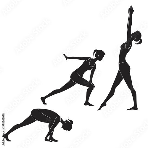 A vector graphic illustration of a woman in various yoga poses in black silhouette