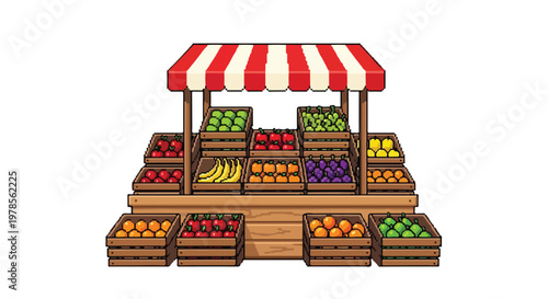 A vibrant vector illustration of a wooden market stall with a red-striped awning, neatly displaying crates of fresh, colorful fruits.