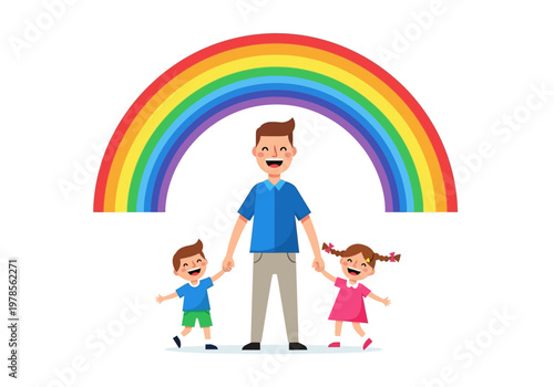 Cartoon family holding hands together smiling.