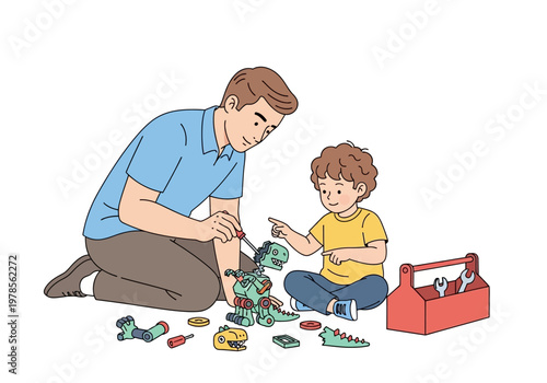 Father and son building toy robot.