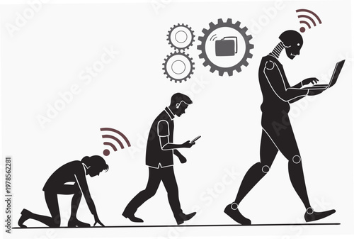 A vector graphic illustration of human evolution with technology and robotics