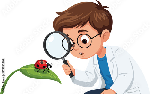 Curious Kid Scientist Cartoon Vector Illustration Exploring Ladybug with Magnifying Glass on Leaf for Education Science Learning and Nature Discovery Concepts