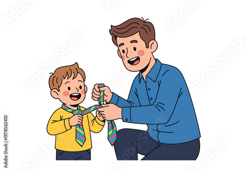 Father teaching son to tie necktie.