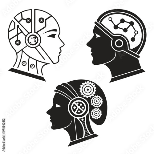 A vector graphic illustration of three robotic human heads with gears and circuits in their brains