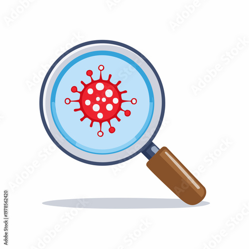 Magnifying glass examining a red coronavirus cell, scientific research, virus detection, health concept.
