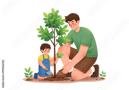 Man and child planting a tree.