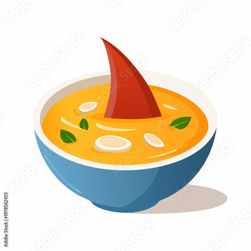 Cartoon shark fin soup in a blue bowl with scattered green herbs and white toppings, food concept