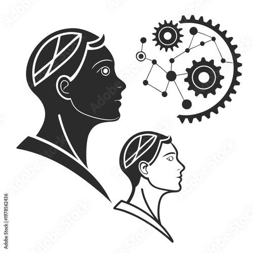A minimalist vector illustration of two human heads with gears and leaves in their brains