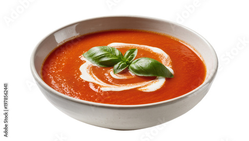Fotografía Thick tomato soup with cream swirl and basil leaf, isolated on transparent backg