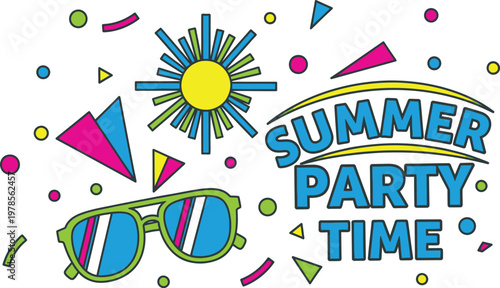 Title vibrant summer party illustration with sun sunglasses and retro elements description a colorful hand drawn