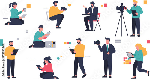 Content Creators and Media Production Illustration Set Featuring Videographers Photographers Bloggers and Digital Creators Using Cameras and Devices for Creative Industry Design