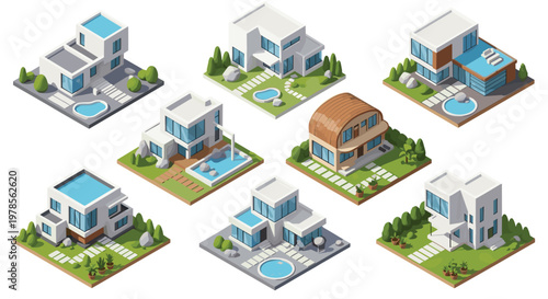 Collection of eight distinct luxury villas with private swimming pools and manicured green lawns in an isometric view for a high-end real estate showcase.
