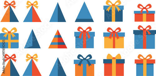 Colorful gift boxes and party hats set with ribbons bows festive celebration elements birthday holiday decoration vector illustration collection