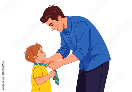 Father teaching son to tie tie.
