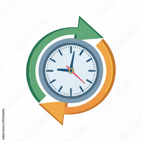 Clock encircled by two curved arrows, representing time passing, vector graphic.