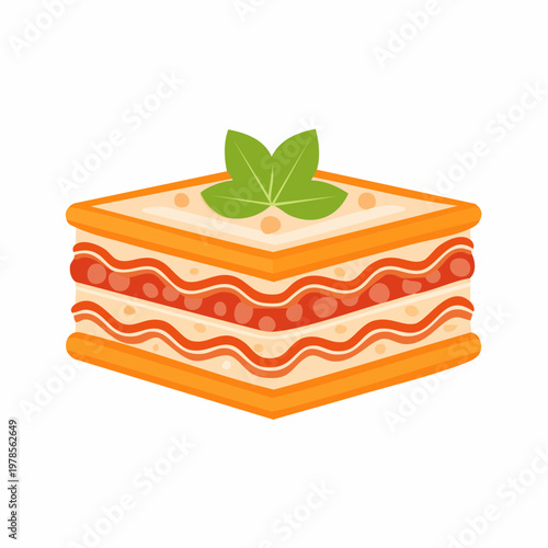 Delicious lasagna slice with layers of meat sauce and cheese, topped with basil.
