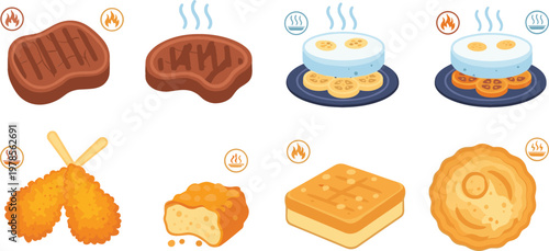 Breakfast Food Illustration Set Featuring Toast Eggs Steak Fried Chicken Waffles and Pastry Items for Morning Meal Menu and Cafe Design
