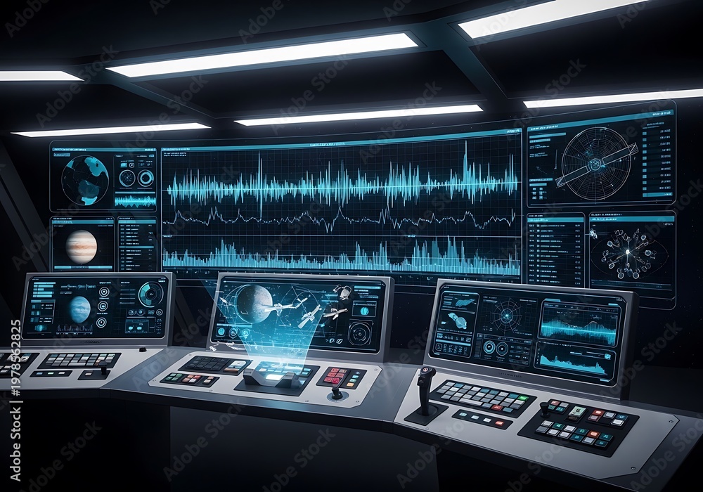 Fototapeta premium Advanced audio-visual monitoring and control station with multiple screens and interfaces