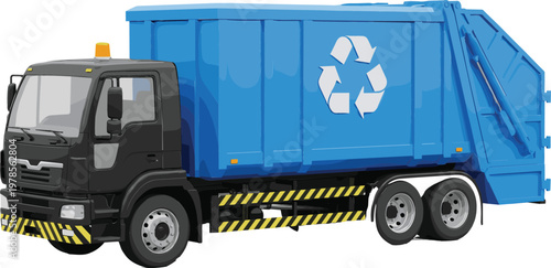 Blue Recycling Garbage Truck Vector Illustration with Waste Management Vehicle Design for Environmental Services Sanitation Collection and Eco Friendly Urban Infrastructure Projects