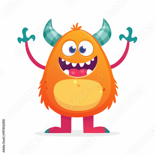 Cartoon friendly orange monster character smiling and waving with arms raised.