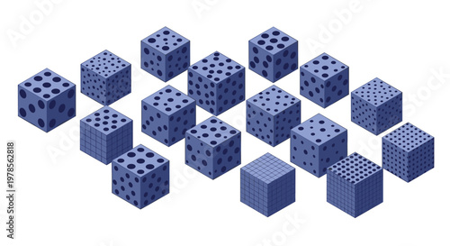Group of blue isometric cubes displays varying dot patterns and grid markings on their faces against a clean white background in a scientific layout.