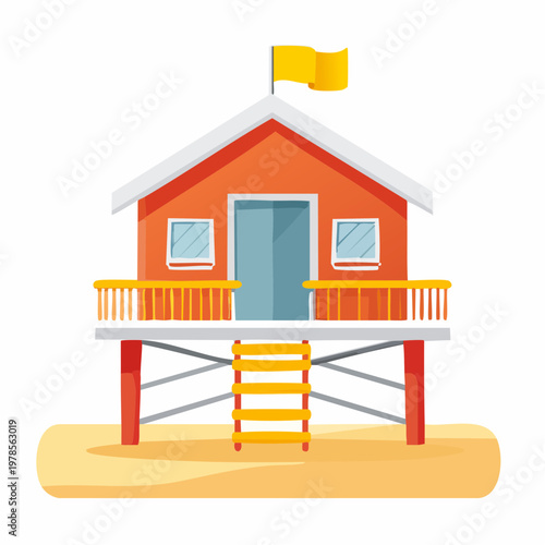 Cartoon beach lifeguard station with orange exterior, yellow flag, and wooden stairs on sand