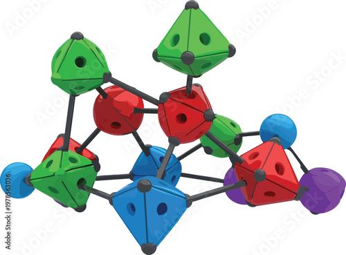 Abstract geometric molecule structure with colorful connected shapes scientific network model futuristic technology design 3D style vector illustration